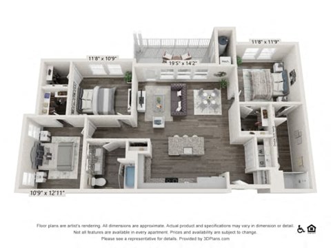 Floor plan for 3 beds, 2 baths, 1363 sqft